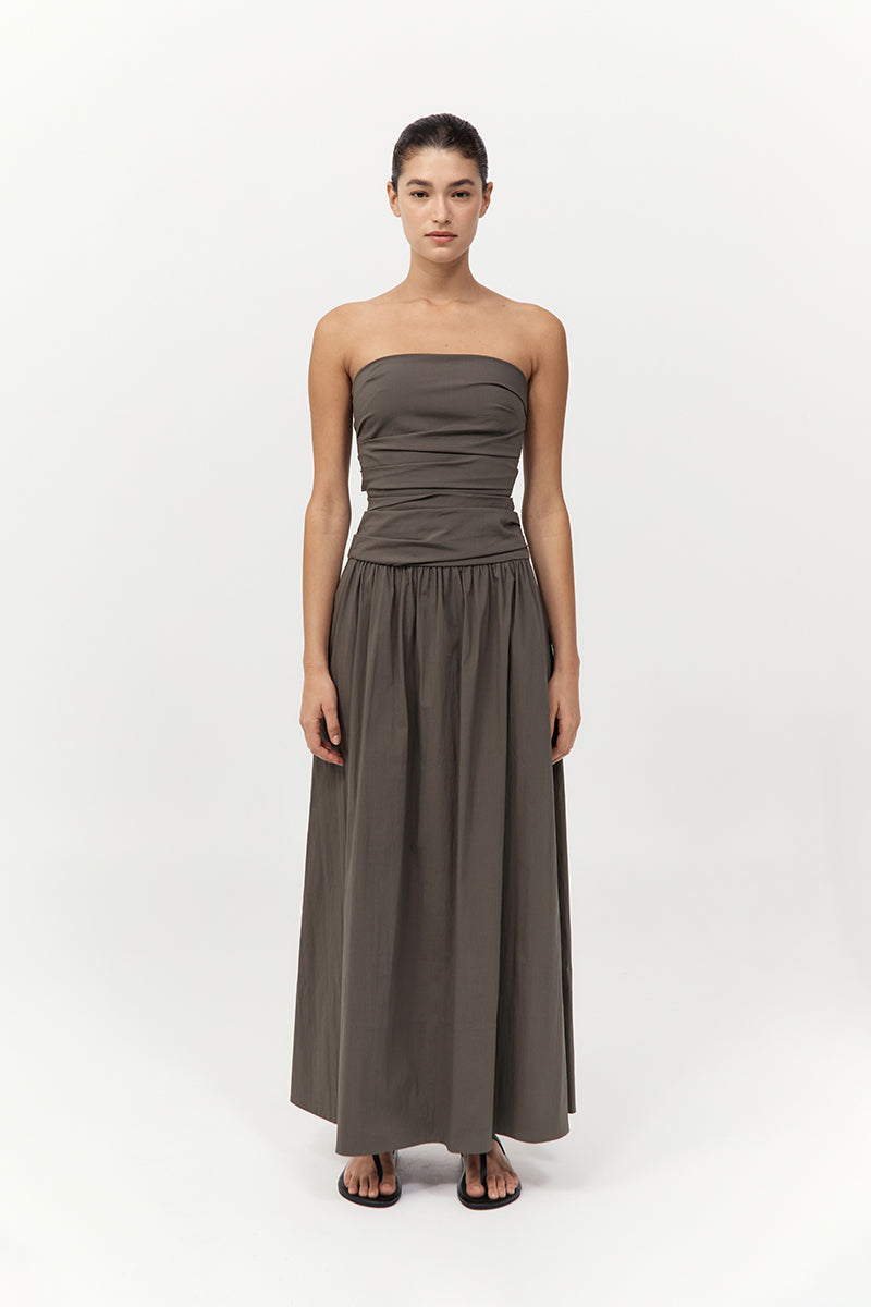 St. Agni Gathered Strapless Tie Back Dress - Khaki