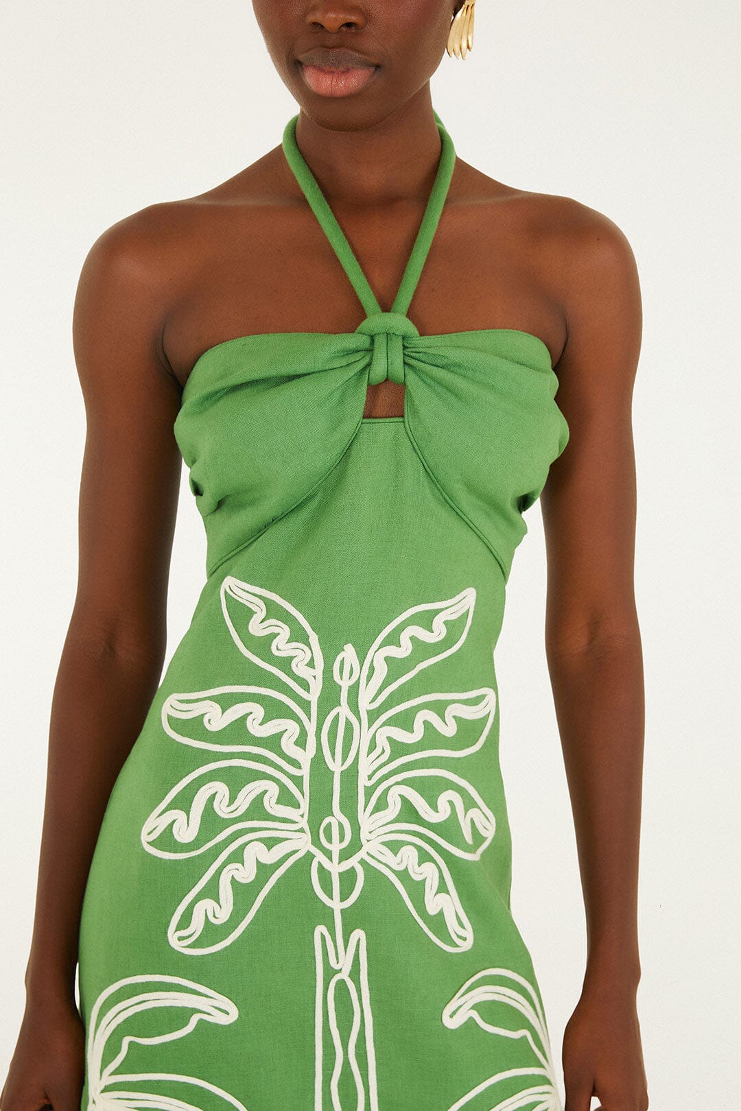 Farm Rio Green Palm Tree Embroidered Halter Neck Midi Dress