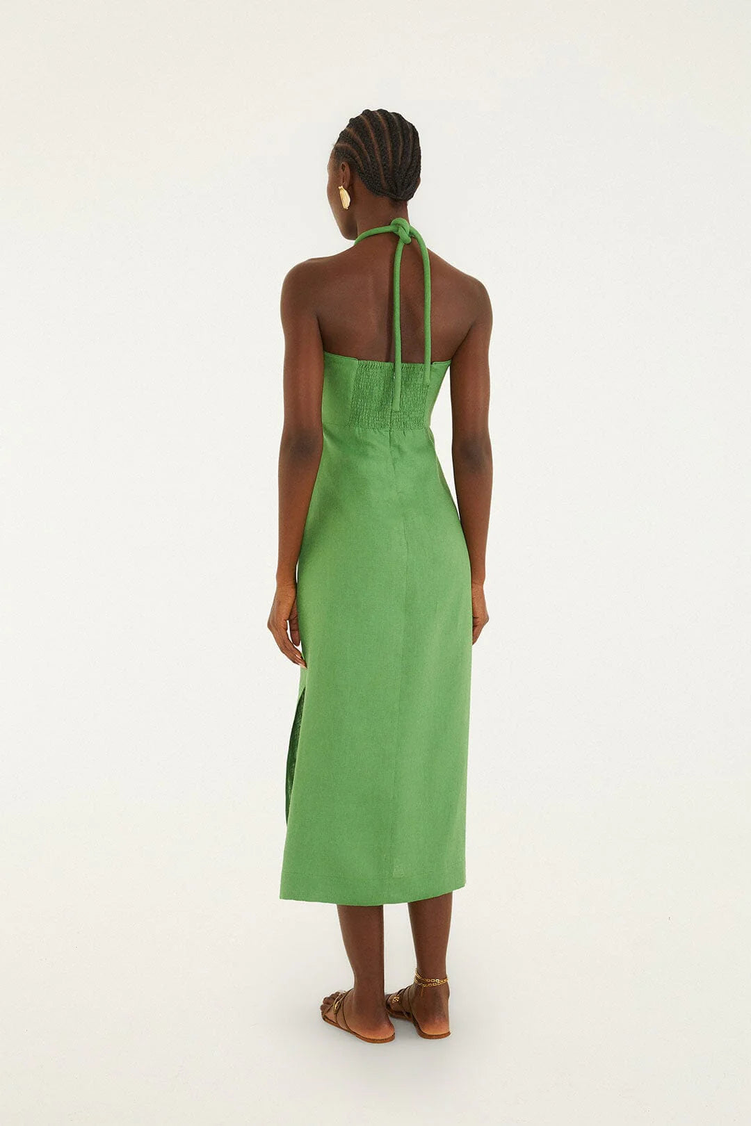 Farm Rio Green Palm Tree Embroidered Halter Neck Midi Dress