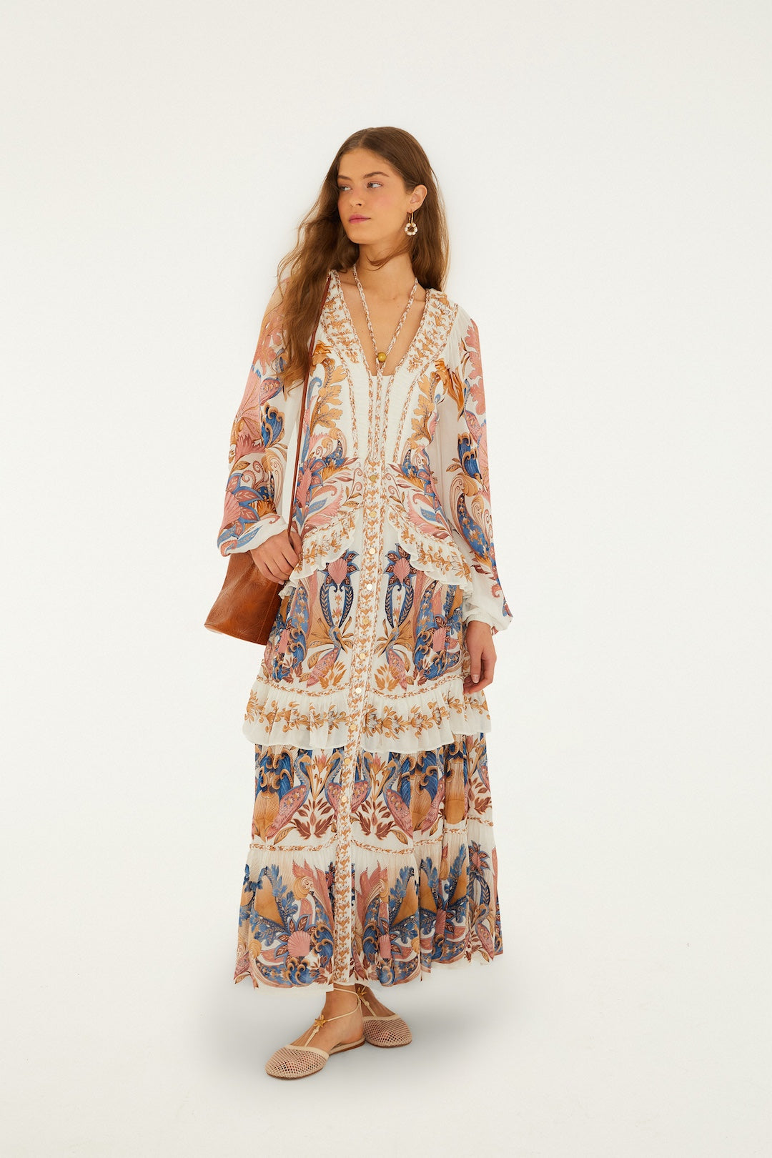 Farm Rio Sea Garden Off White Braid Details Long Dress