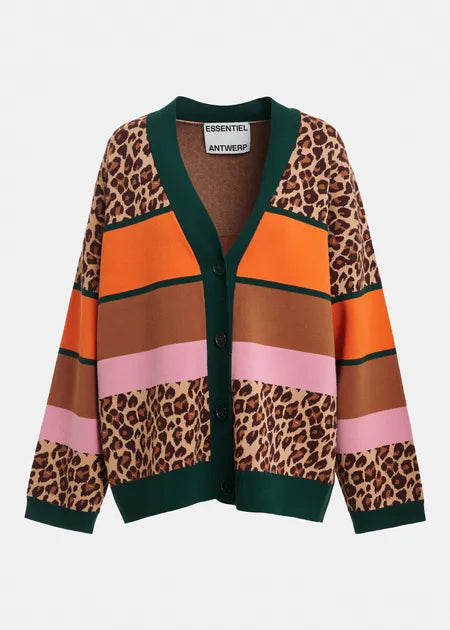 Essential Antwerp Brown and mulitcolor leopard-print color-block cardigan