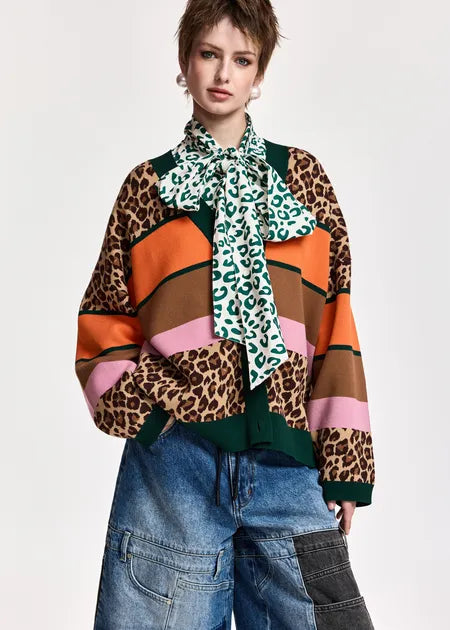 Essential Antwerp Brown and mulitcolor leopard-print color-block cardigan