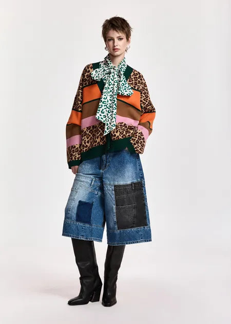 Essential Antwerp Brown and mulitcolor leopard-print color-block cardigan
