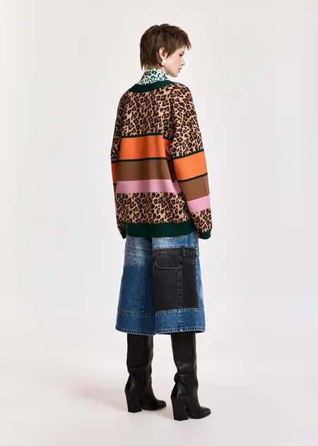 Essential Antwerp Brown and mulitcolor leopard-print color-block cardigan