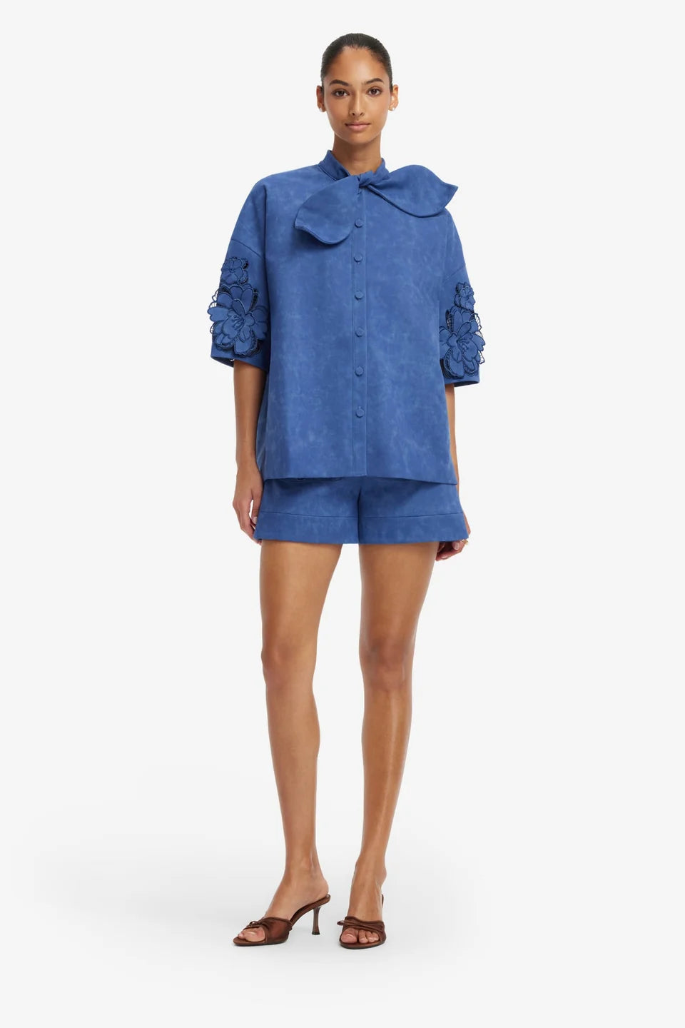 Leo Lin Brooklyn Appliqué Vegan Suede Bow Puff Sleeve Top