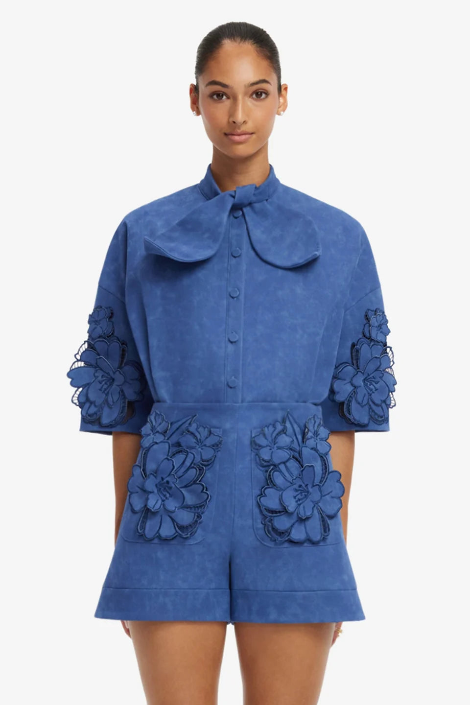 Leo Lin Brooklyn Appliqué Vegan Suede Bow Puff Sleeve Top