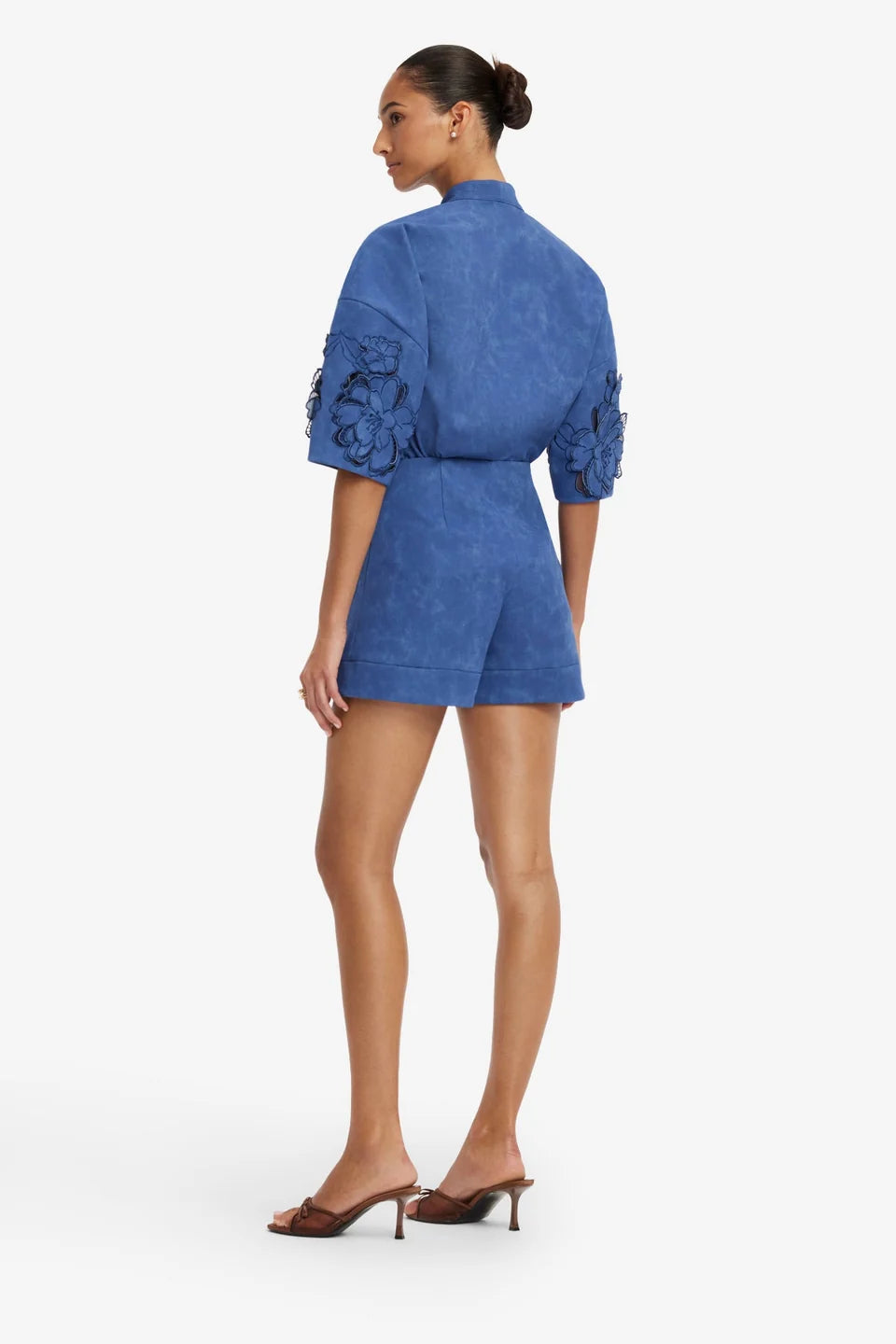Leo Lin Brooklyn Appliqué Vegan Suede Bow Puff Sleeve Top