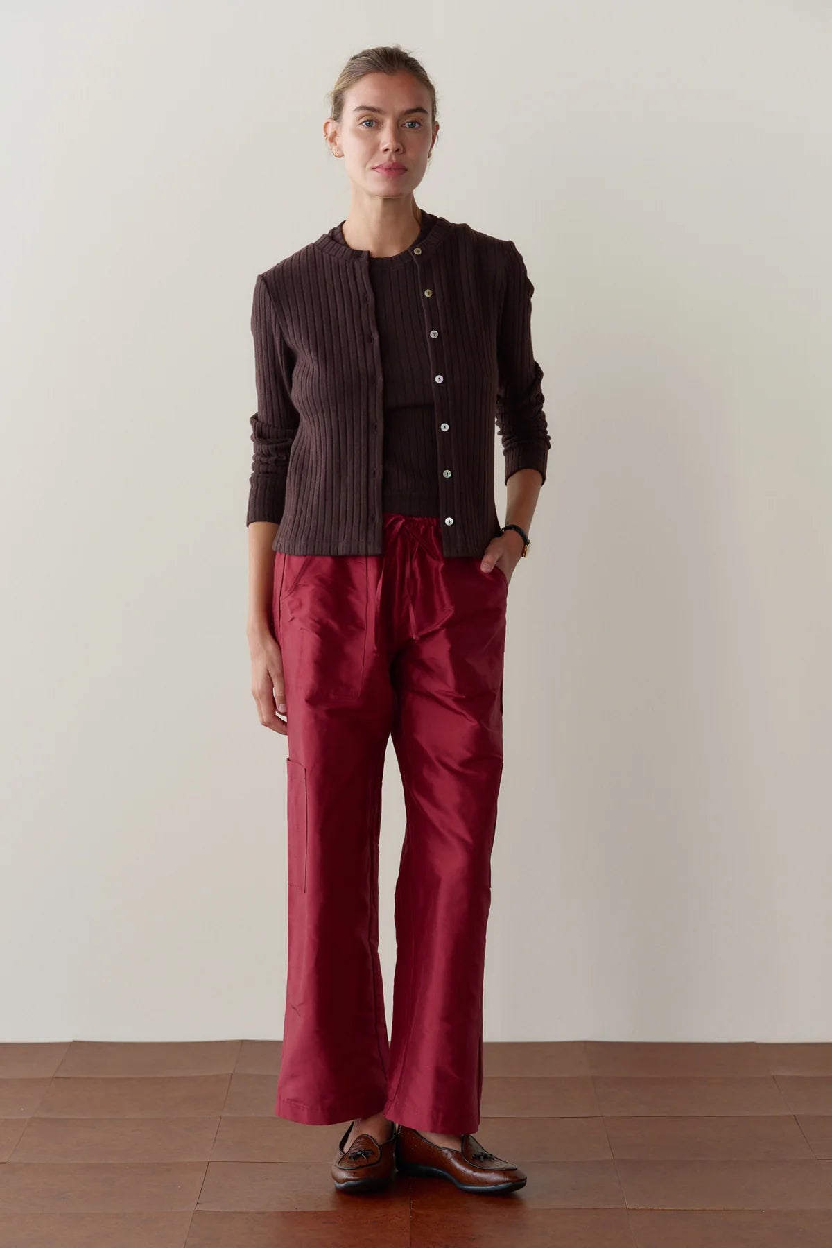 Donni Silk Taffeta Cargo Pant - Oxblood