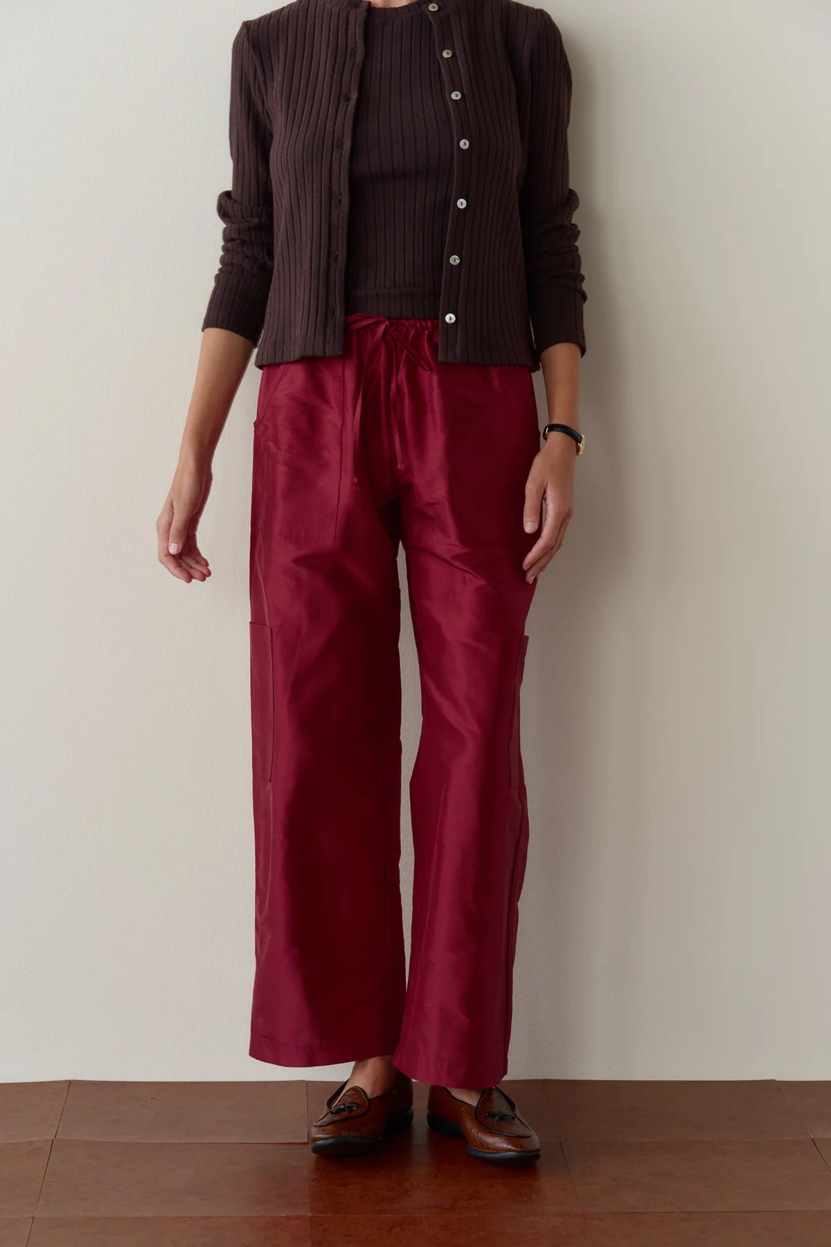 Donni Silk Taffeta Cargo Pant - Oxblood