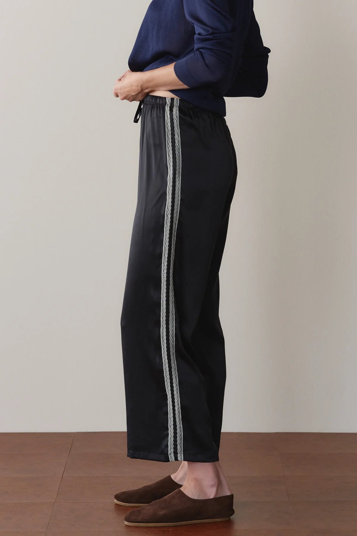 Donni Silk Lace Stripe Crop Pant - Black