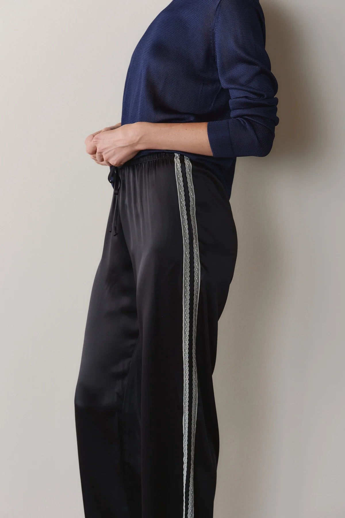 Donni Silk Lace Stripe Crop Pant - Black