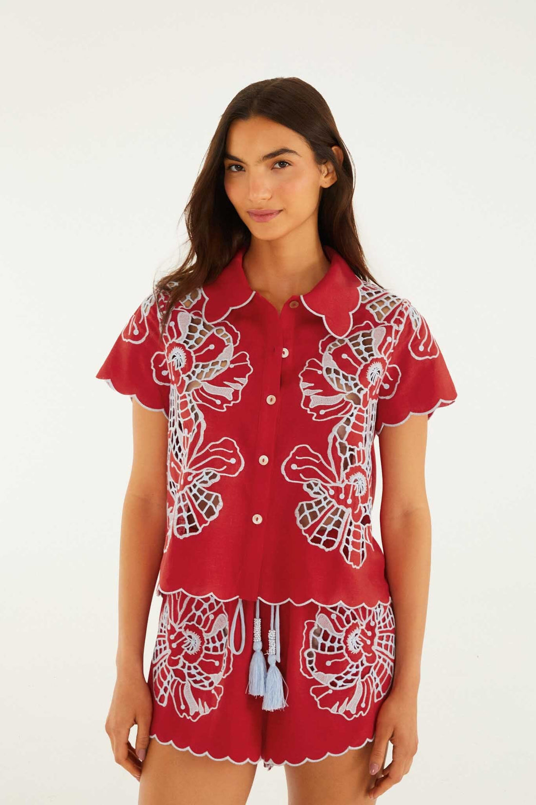 Farm Rio Blouse with Embroidery and Buttons