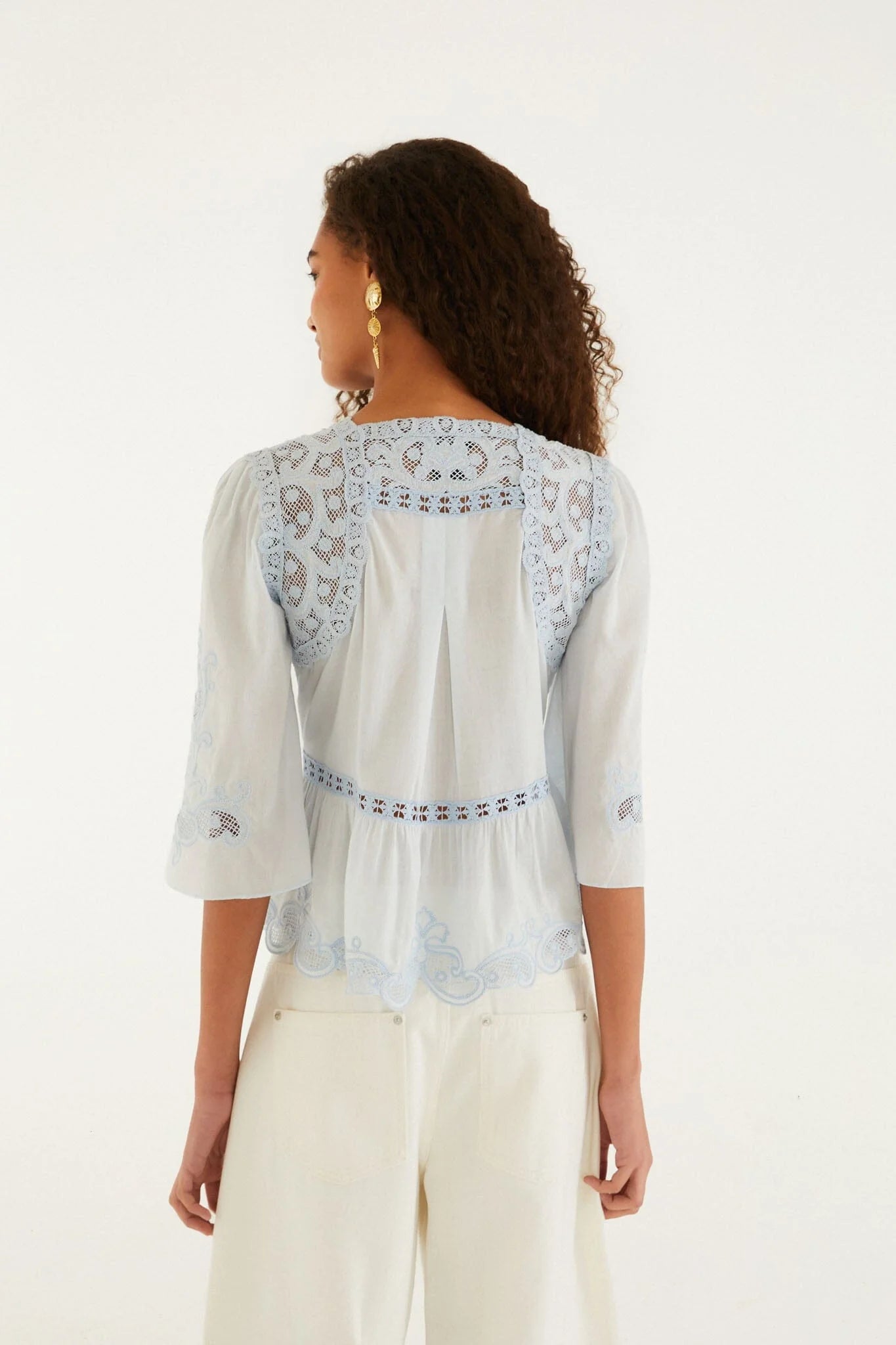 Farm Rio Light Blue Richelieu Short Sleeve Blouse