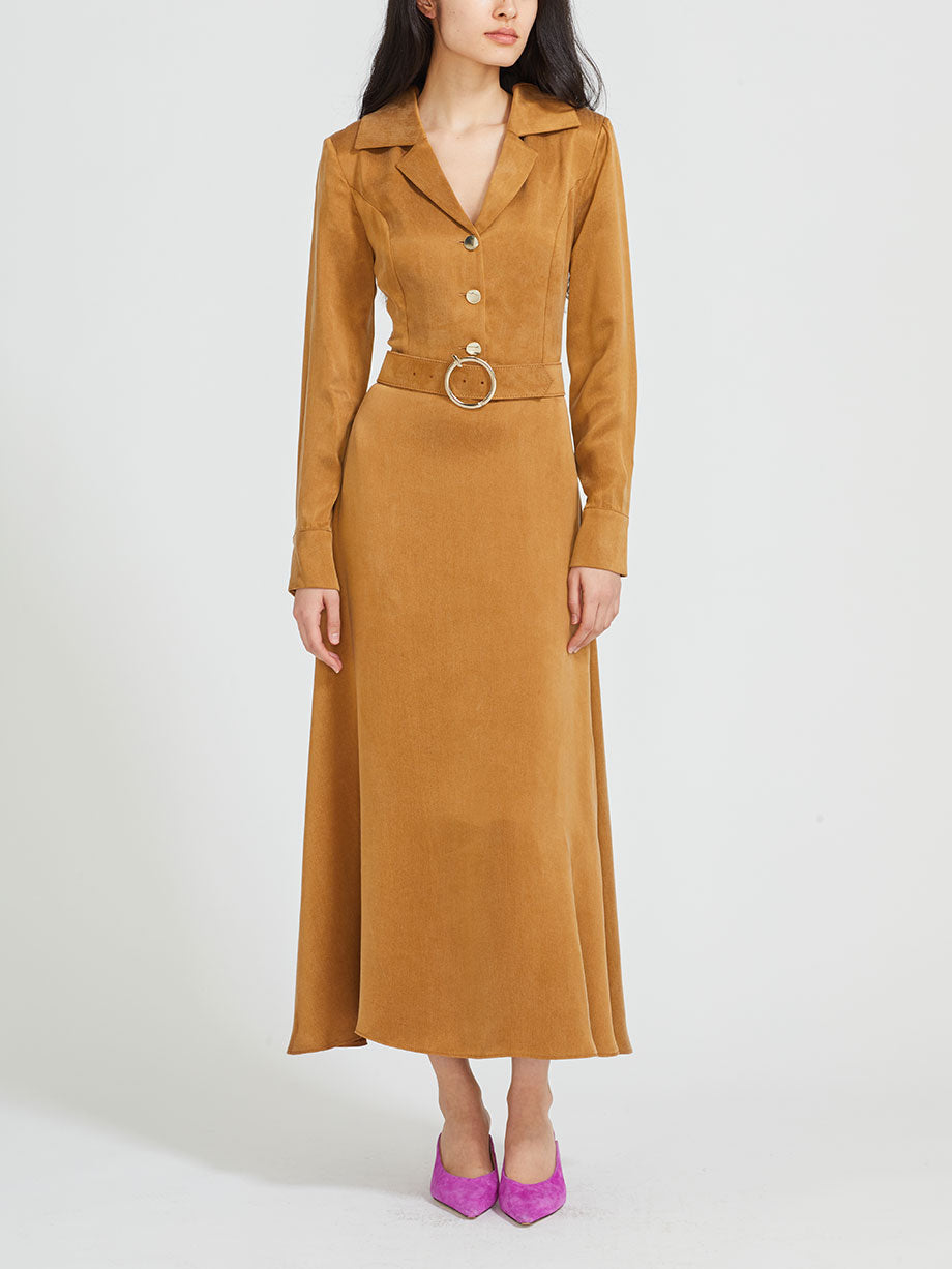 QUI PRIVE Long sleeve belted cupro midi dress