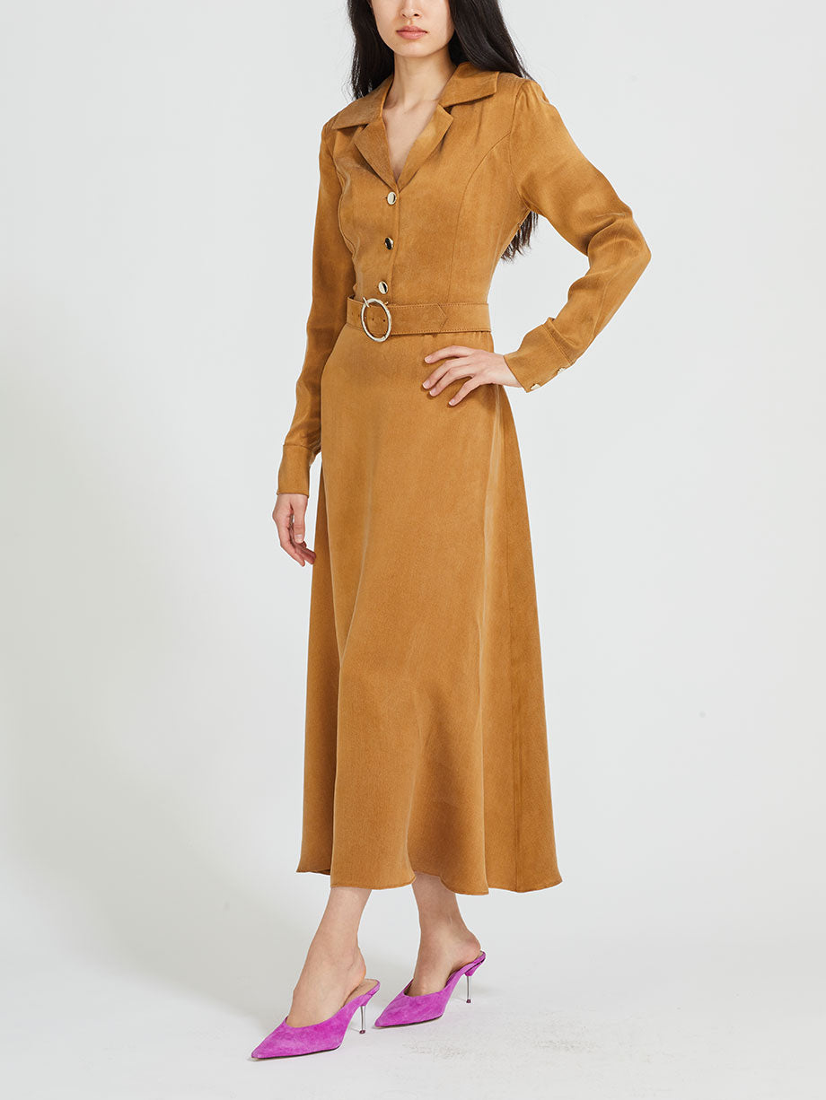 QUI PRIVE Long sleeve belted cupro midi dress