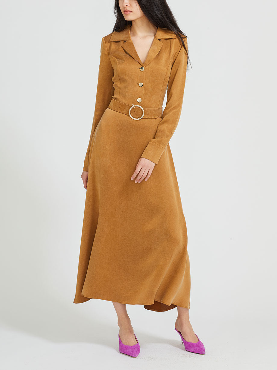 QUI PRIVE Long sleeve belted cupro midi dress