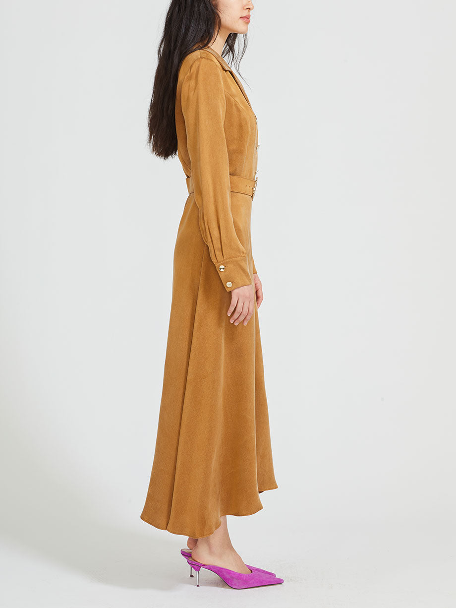 QUI PRIVE Long sleeve belted cupro midi dress