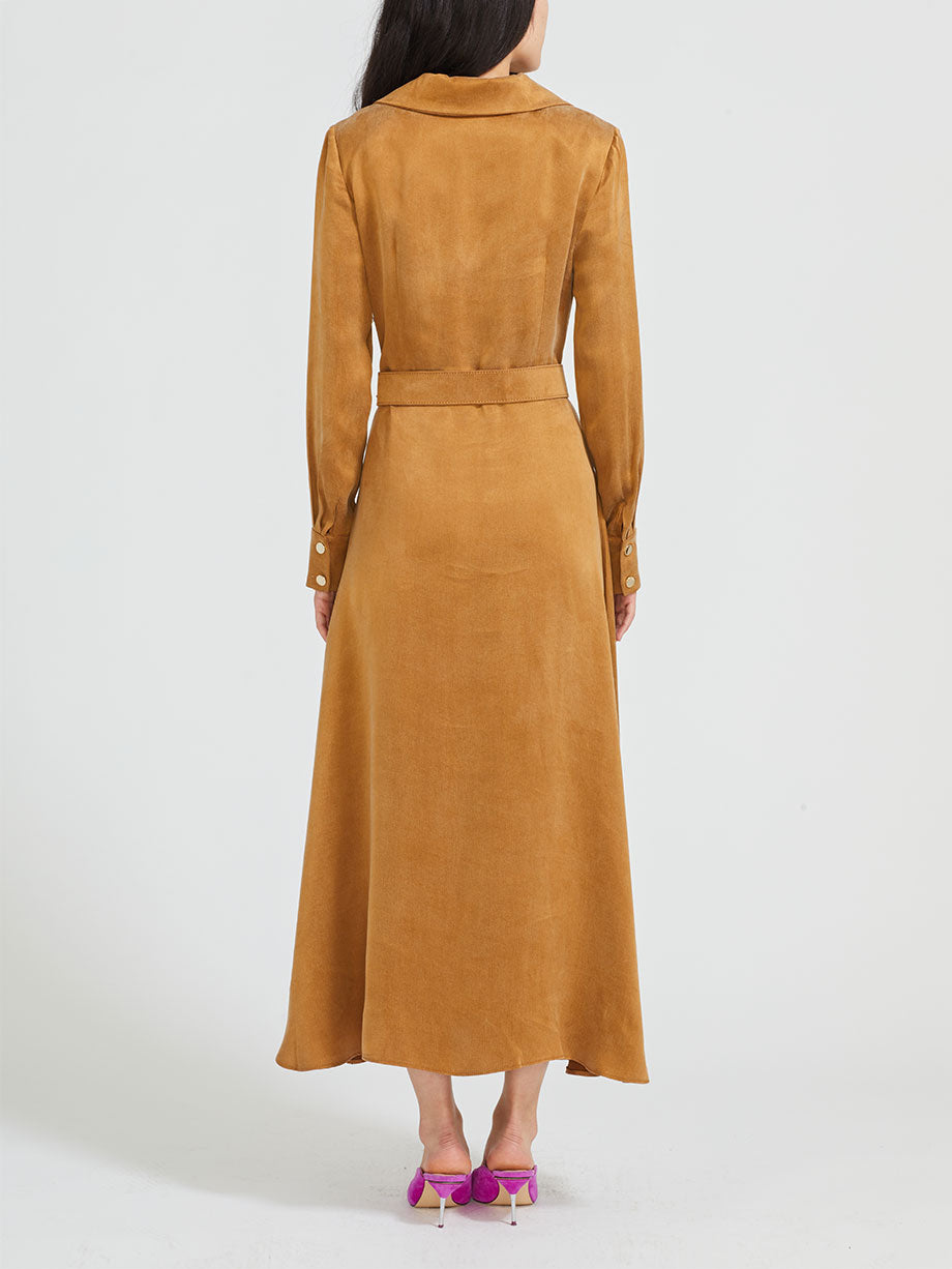 QUI PRIVE Long sleeve belted cupro midi dress