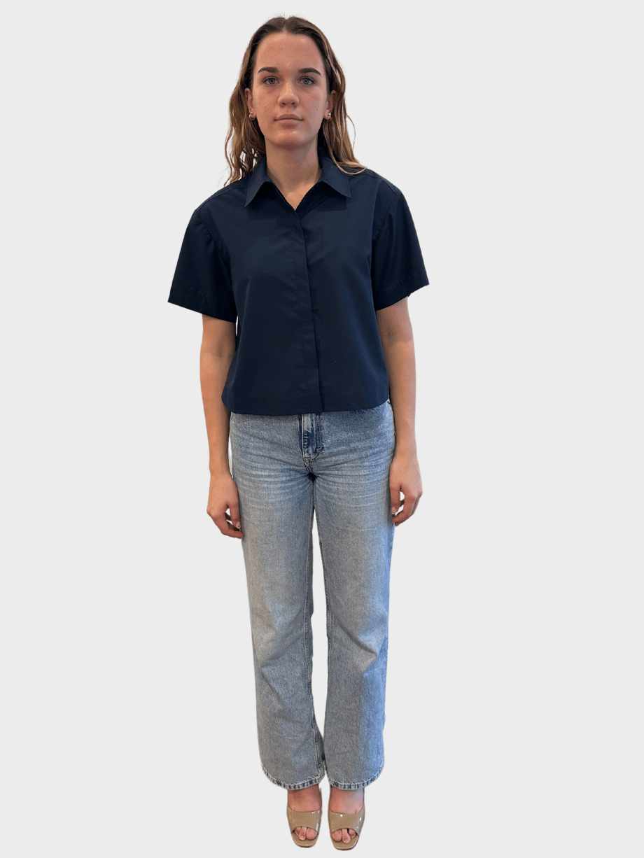 Simkhai Bernie Cotton Pleated Top Navy