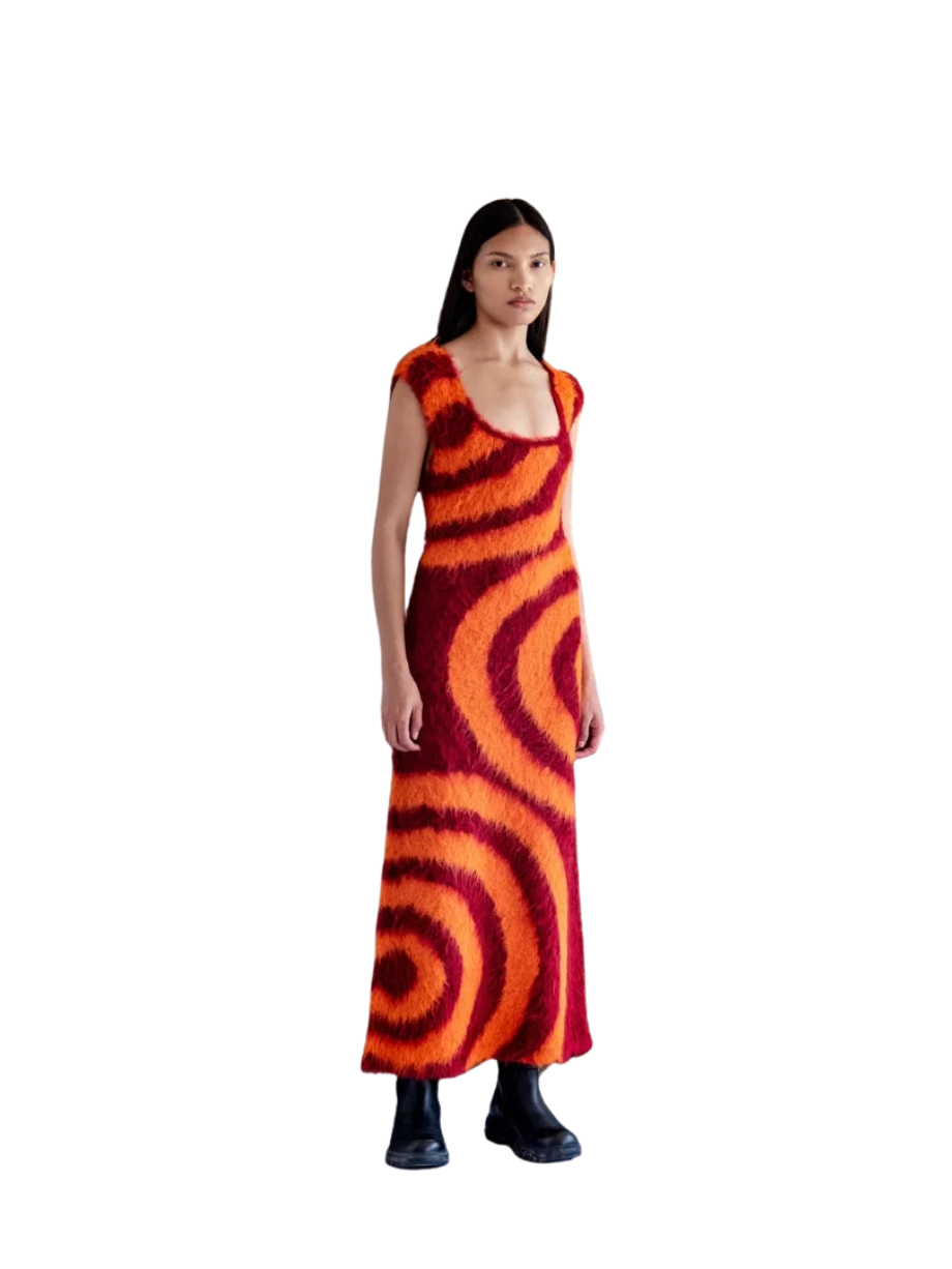 Mozhdeh Matin Merino and Alpaca Red Swirl Dress