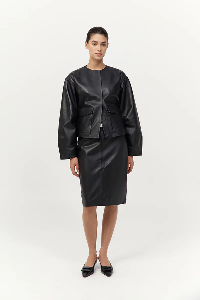 St. Agni Utility Cocoon Leather Bomber - Black