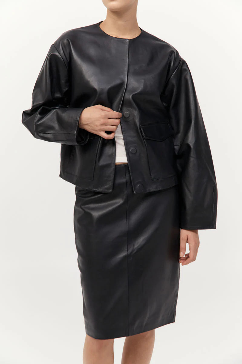 St. Agni Utility Cocoon Leather Bomber - Black
