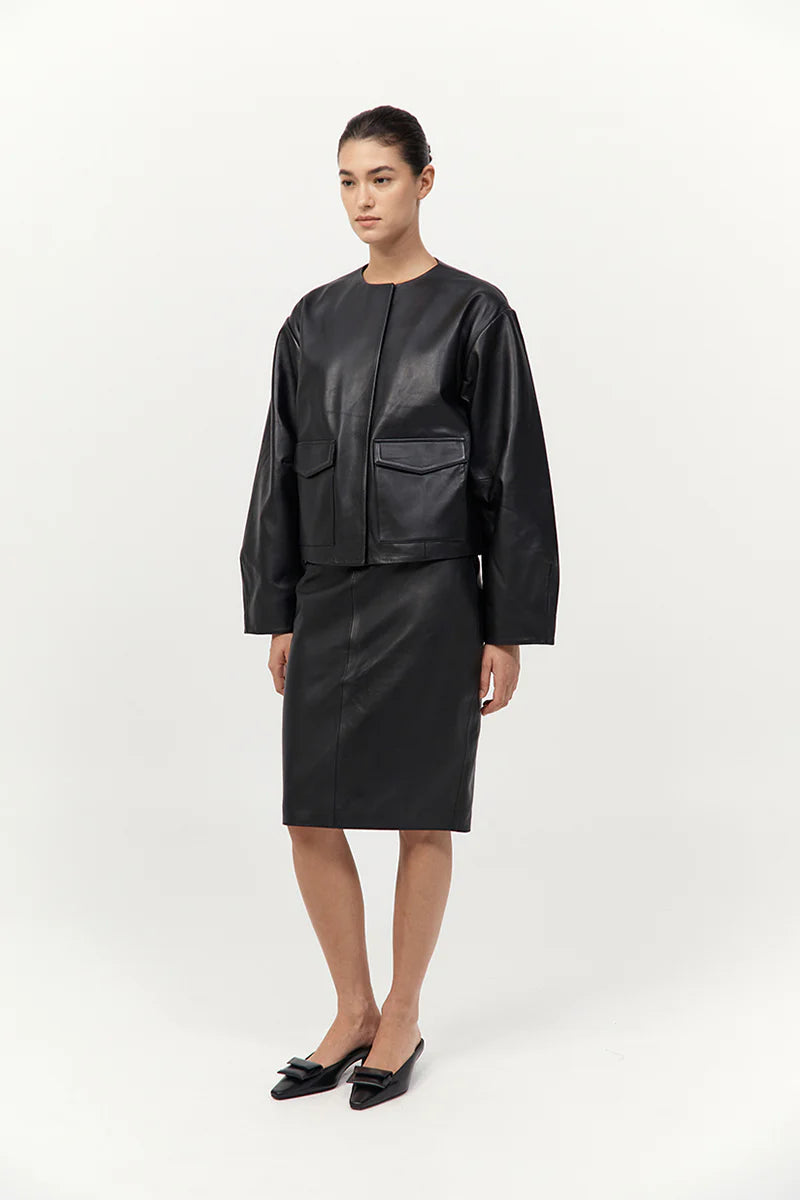 St. Agni Utility Cocoon Leather Bomber - Black