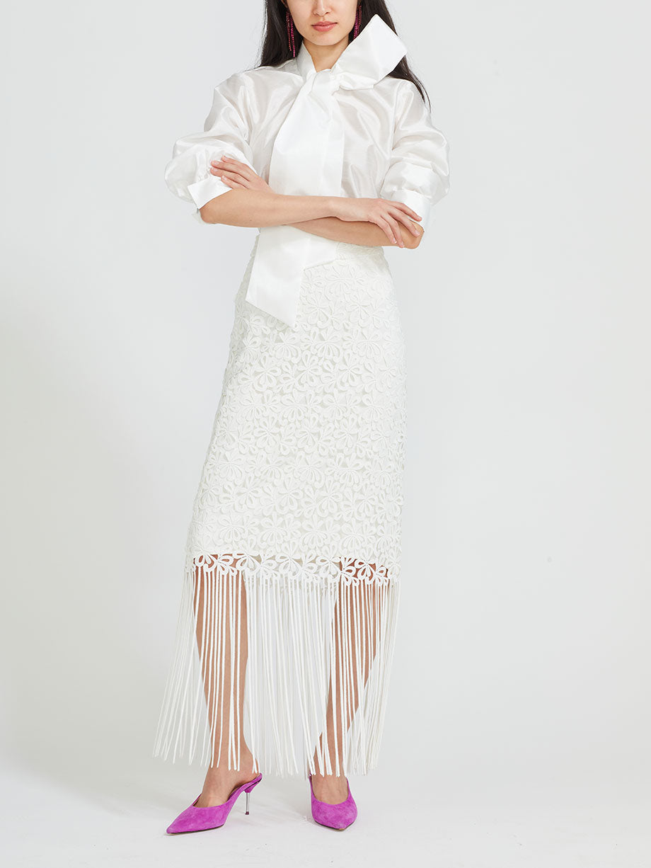 QUI PRIVE Floral cutout fringe midi skirt