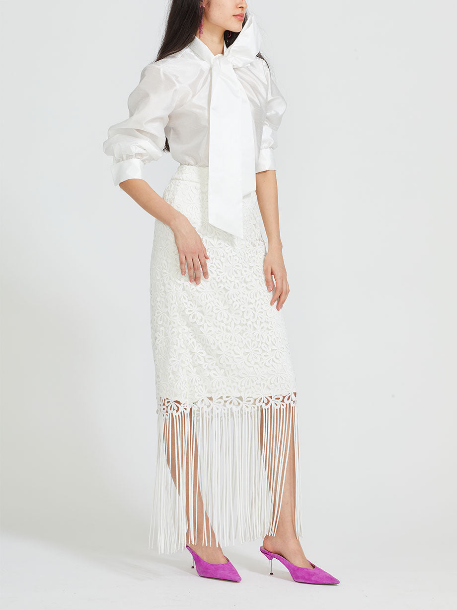 QUI PRIVE Floral cutout fringe midi skirt