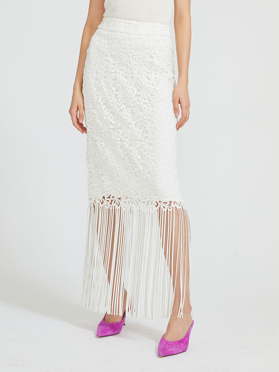 QUI PRIVE Floral cutout fringe midi skirt