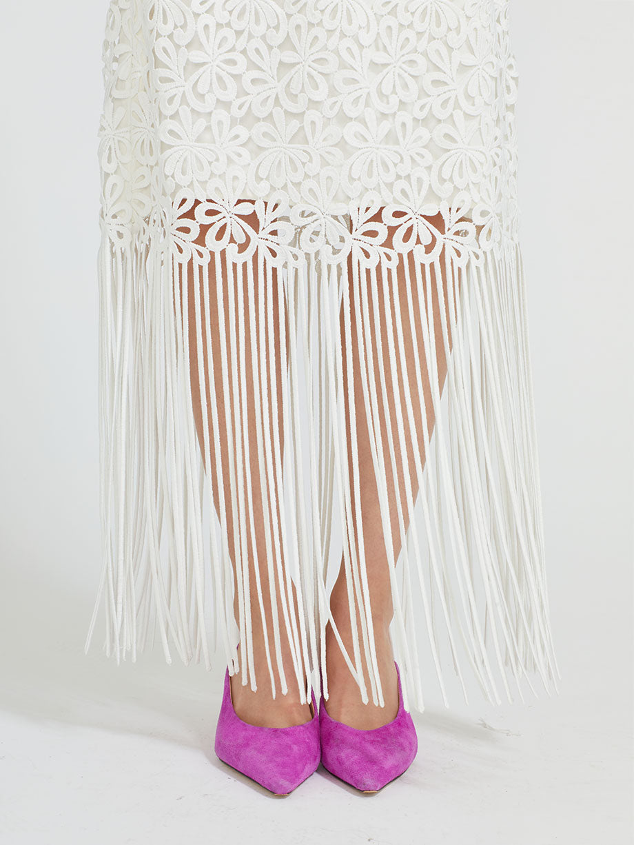 QUI PRIVE Floral cutout fringe midi skirt