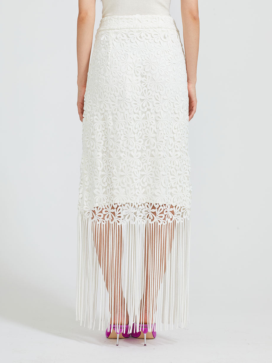 QUI PRIVE Floral cutout fringe midi skirt