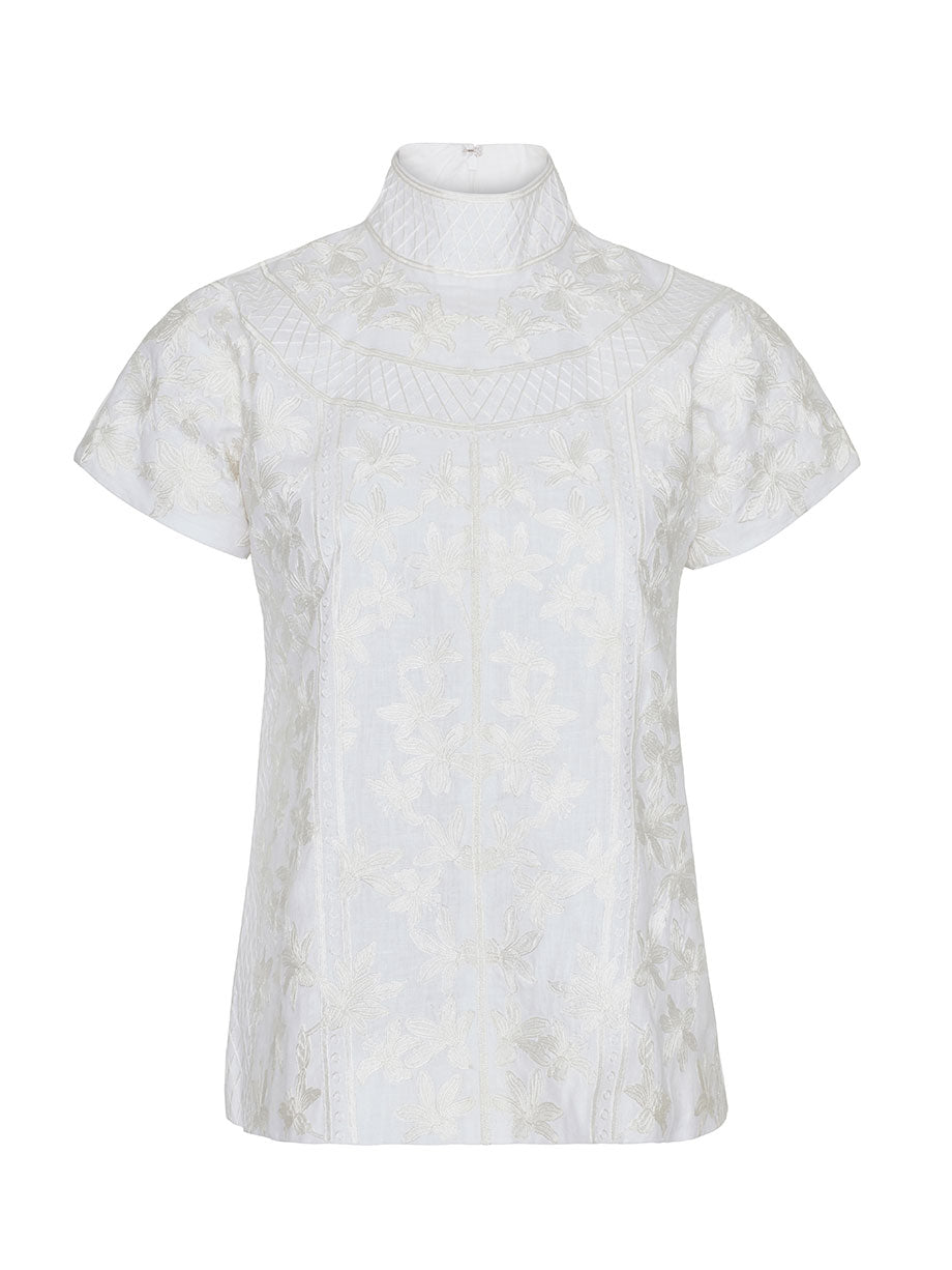 FALGUNI SHANE PEACOCK Lea embroidered linen high neck top