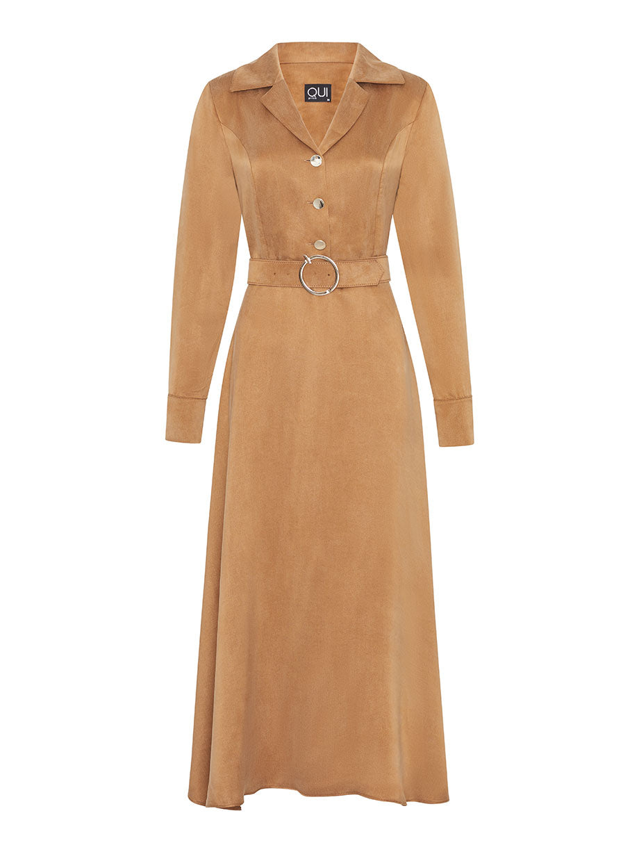 QUI PRIVE Long sleeve belted cupro midi dress