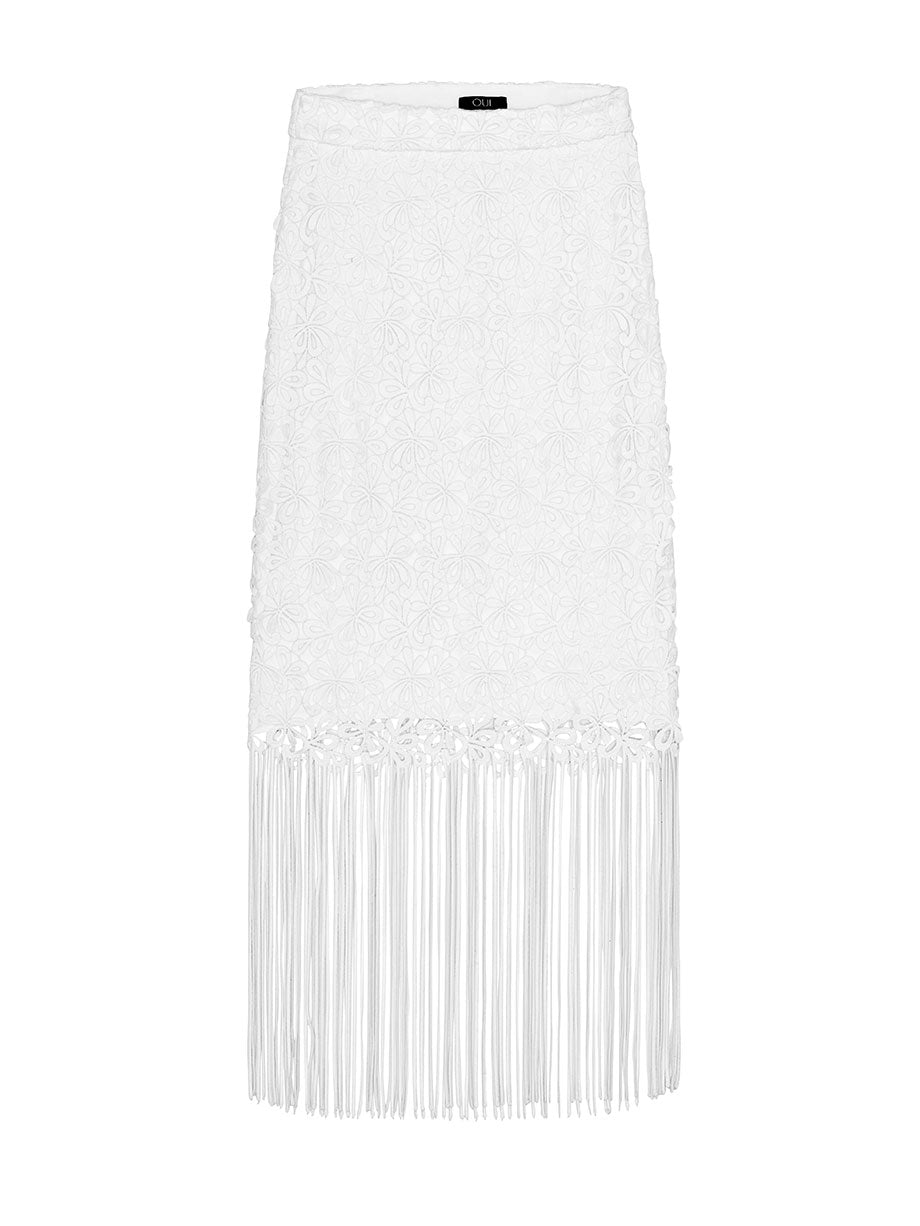 QUI PRIVE Floral cutout fringe midi skirt