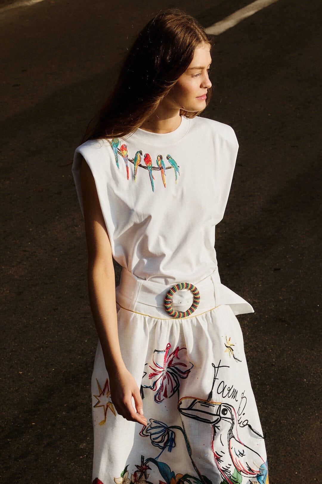 Farm Rio Off-White Birds On Branch Embroidered Organic Cotton T-shirt