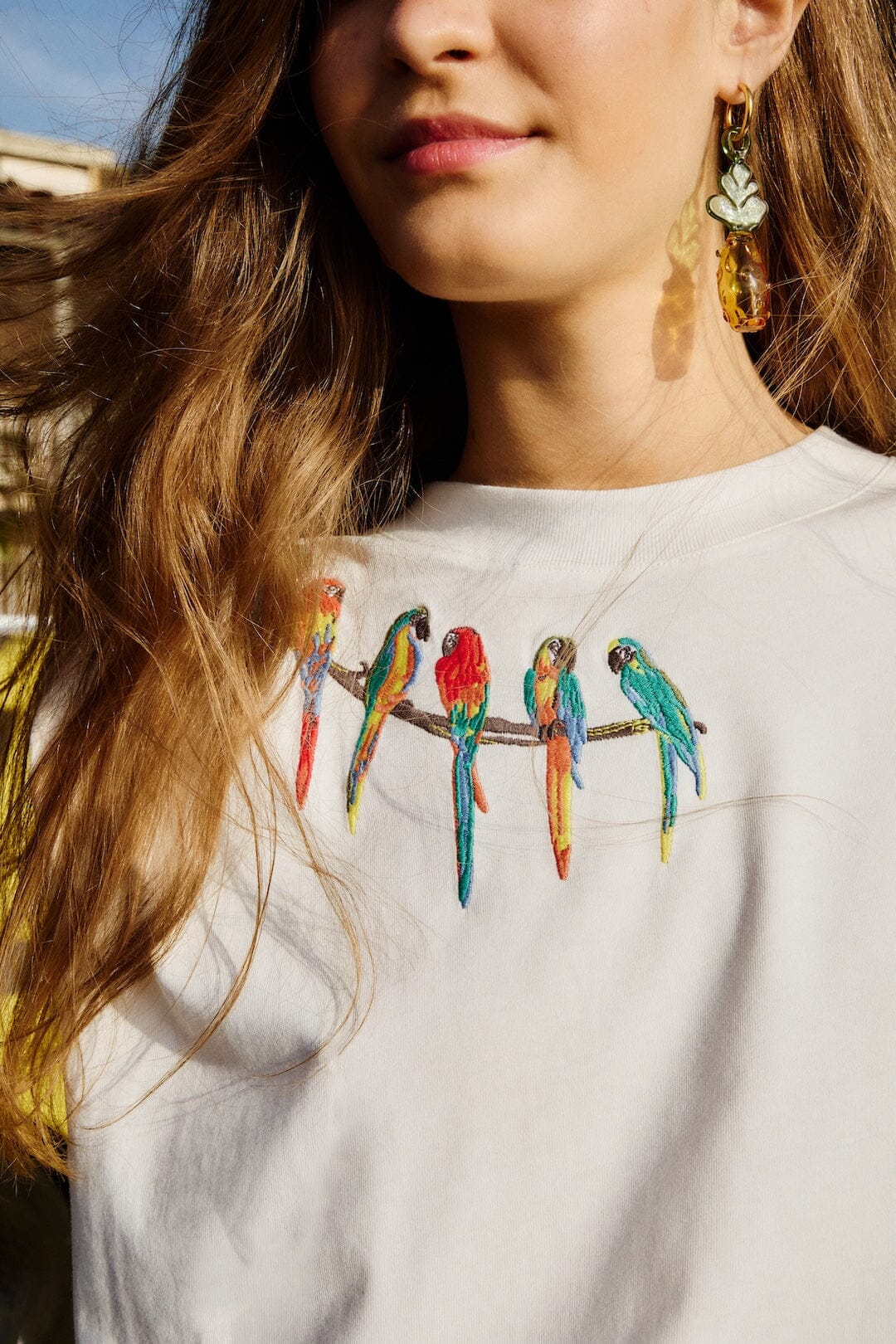Farm Rio Off-White Birds On Branch Embroidered Organic Cotton T-shirt