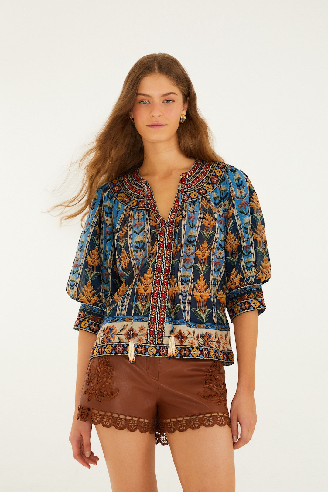 Farm Rio Embroidered Tapestry Blue Short Sleeve Blouse