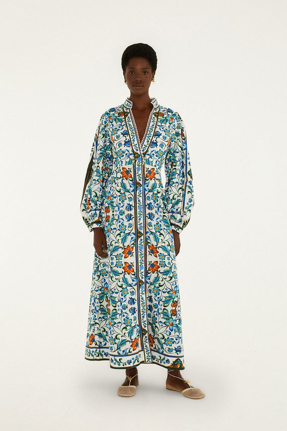 Farm Rio Off-White Flora Tile Lenzing Ecovero Euroflax Maxi Dress