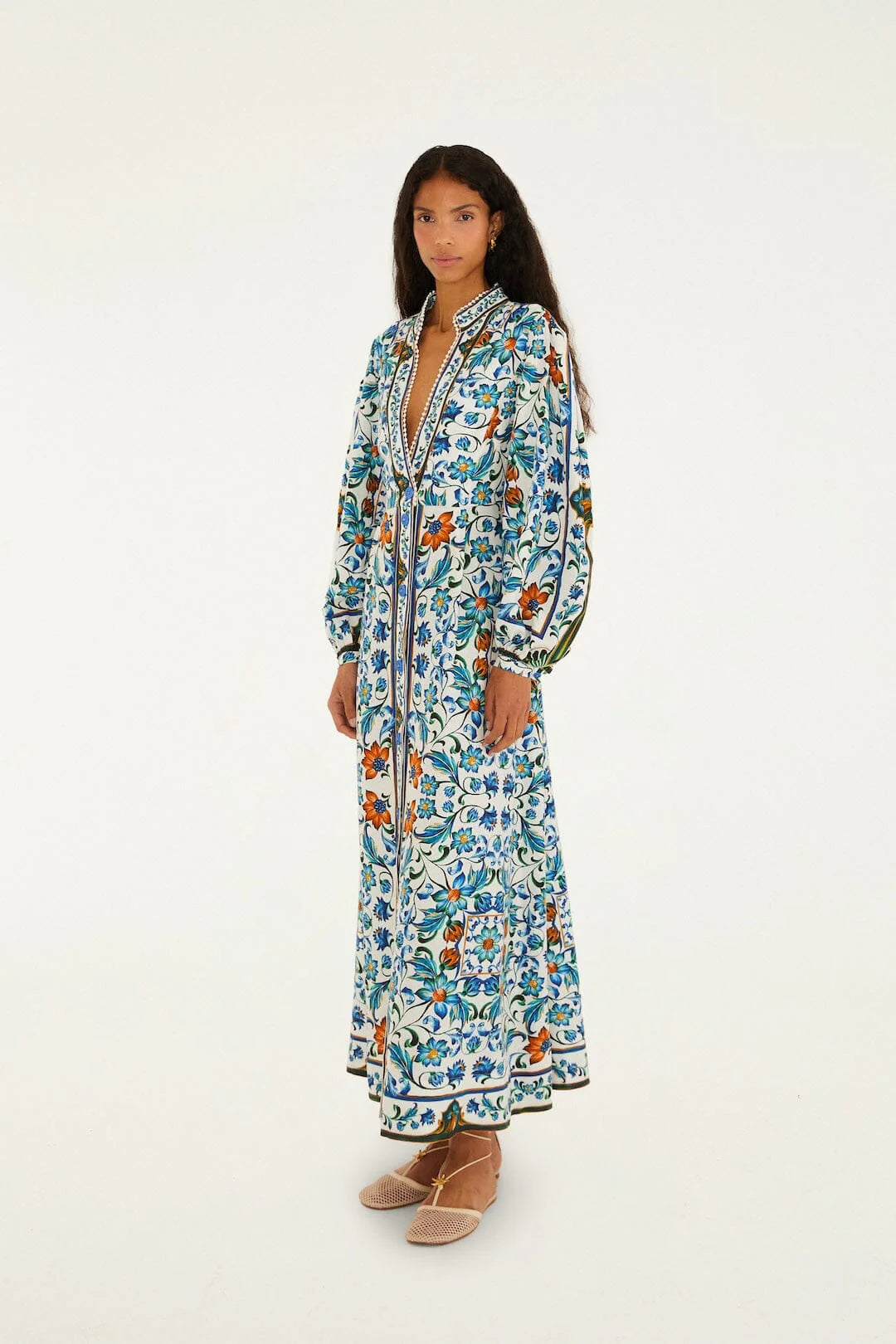 Farm Rio Off-White Flora Tile Lenzing Ecovero Euroflax Maxi Dress