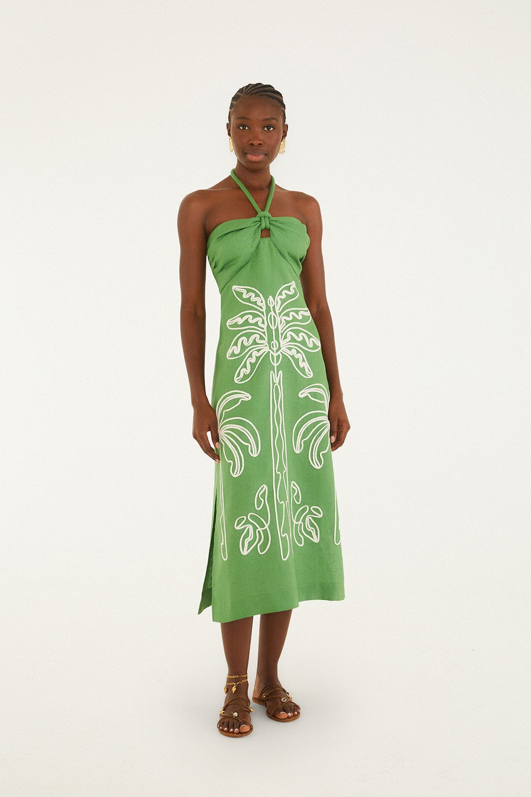 Farm Rio Green Palm Tree Embroidered Halter Neck Midi Dress