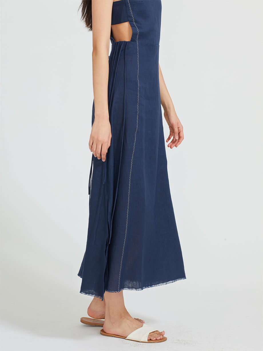 SAVIA Linen cutout fringe midi dress