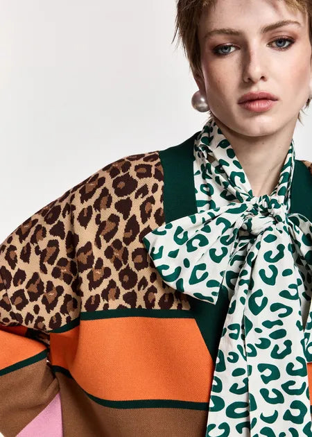Essential Antwerp Brown and mulitcolor leopard-print color-block cardigan