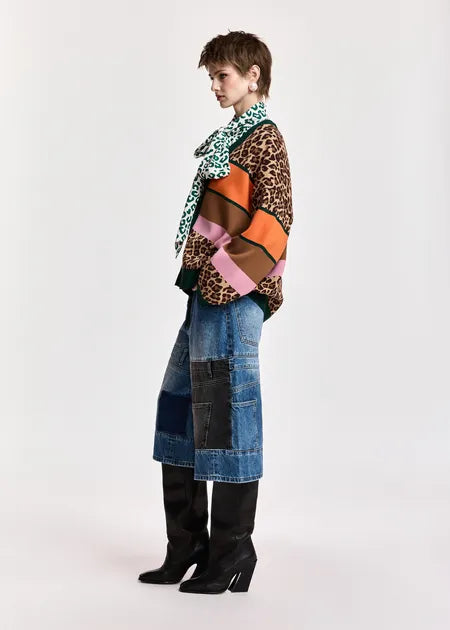 Essential Antwerp Brown and mulitcolor leopard-print color-block cardigan
