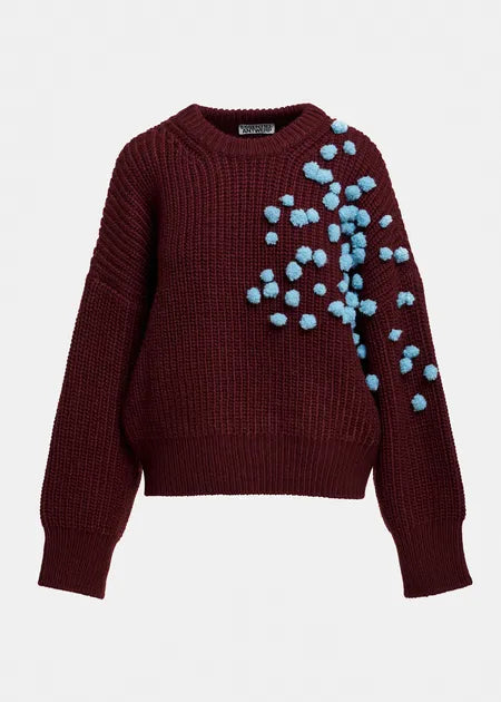 Essential Antwerp Burgundy and blue pompon-embellished knitted sweater