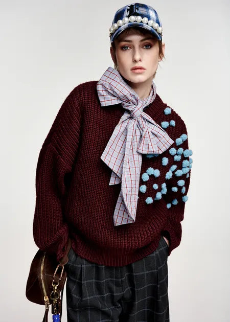 Essential Antwerp Burgundy and blue pompon-embellished knitted sweater