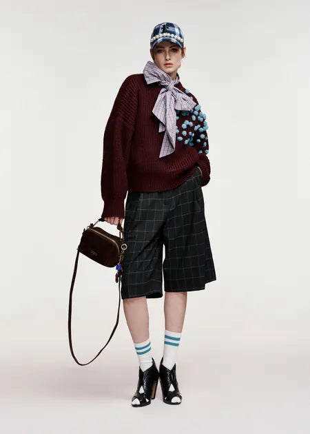 Essential Antwerp Burgundy and blue pompon-embellished knitted sweater