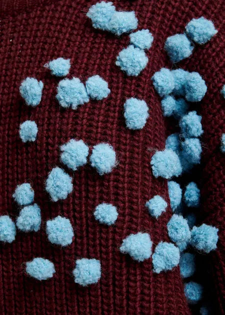 Essential Antwerp Burgundy and blue pompon-embellished knitted sweater