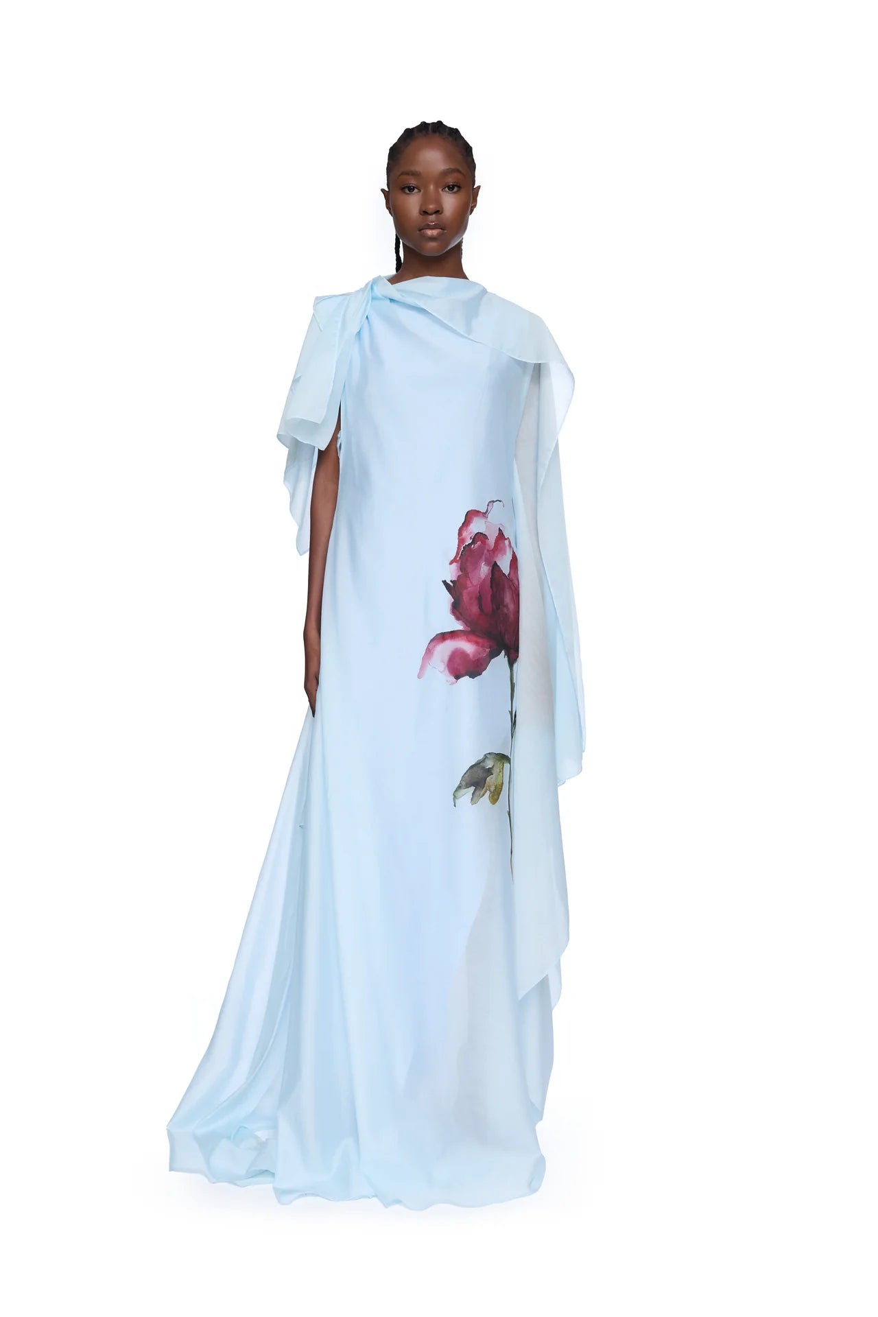 Marques Almeida Light Blue Watercolor Flower Scarf Drape Long Dress
