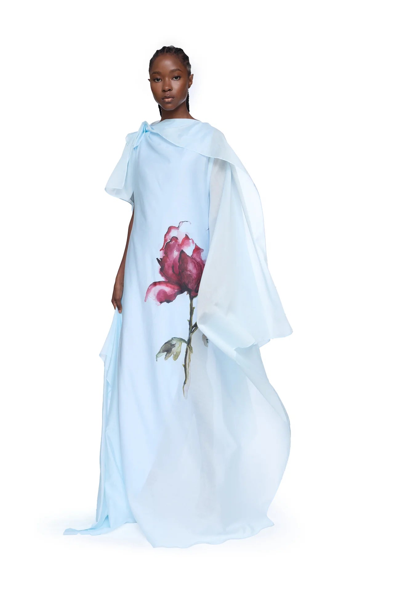 Marques Almeida Light Blue Watercolor Flower Scarf Drape Long Dress